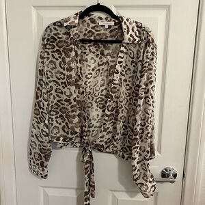 Leopard Tie-Front Blouse - Brown/White